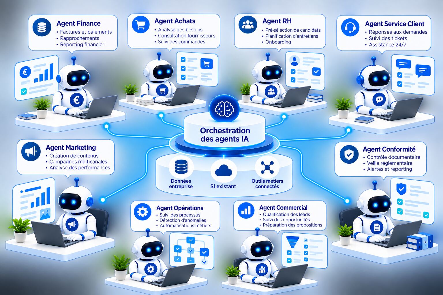 Huit agents IA spécialisés — finance, achats, RH, service client, marketing, conformité, opérations, commercial — coordonnés par une orchestration centrale connectée aux données de l'entreprise, au système d'information existant et aux outils métiers.