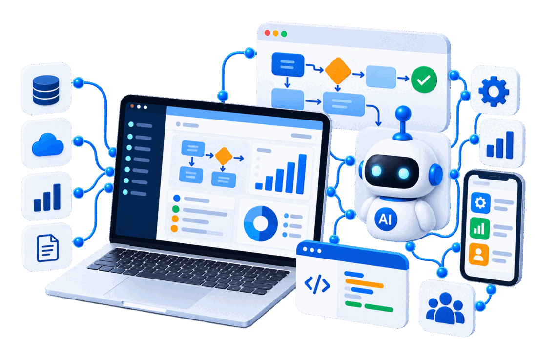 Vos données, vos outils cloud et vos documents alimentent une application métier sur mesure : les processus sont automatisés, un agent IA les exécute, et les résultats sont restitués en tableaux de bord, analyses et applications mobiles.
